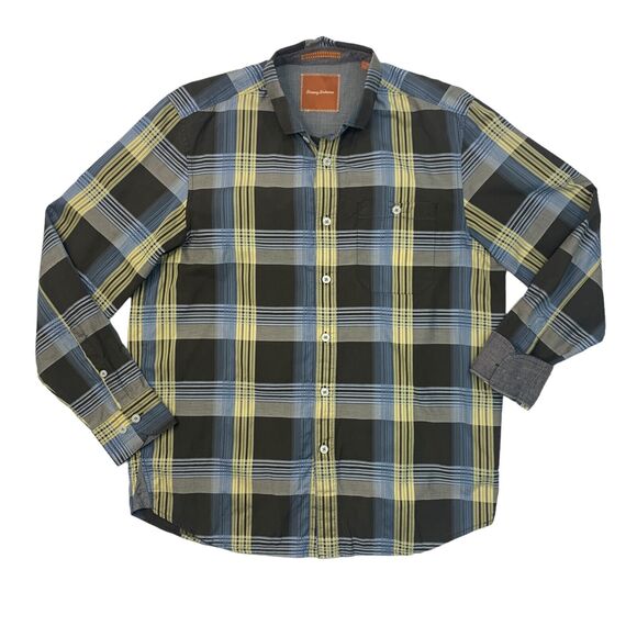 Tommy Bahama Shirt Mens M Medium Olive Plaid Long Sleeve Cotton Flip Cuff Button - Picture 1 of 11